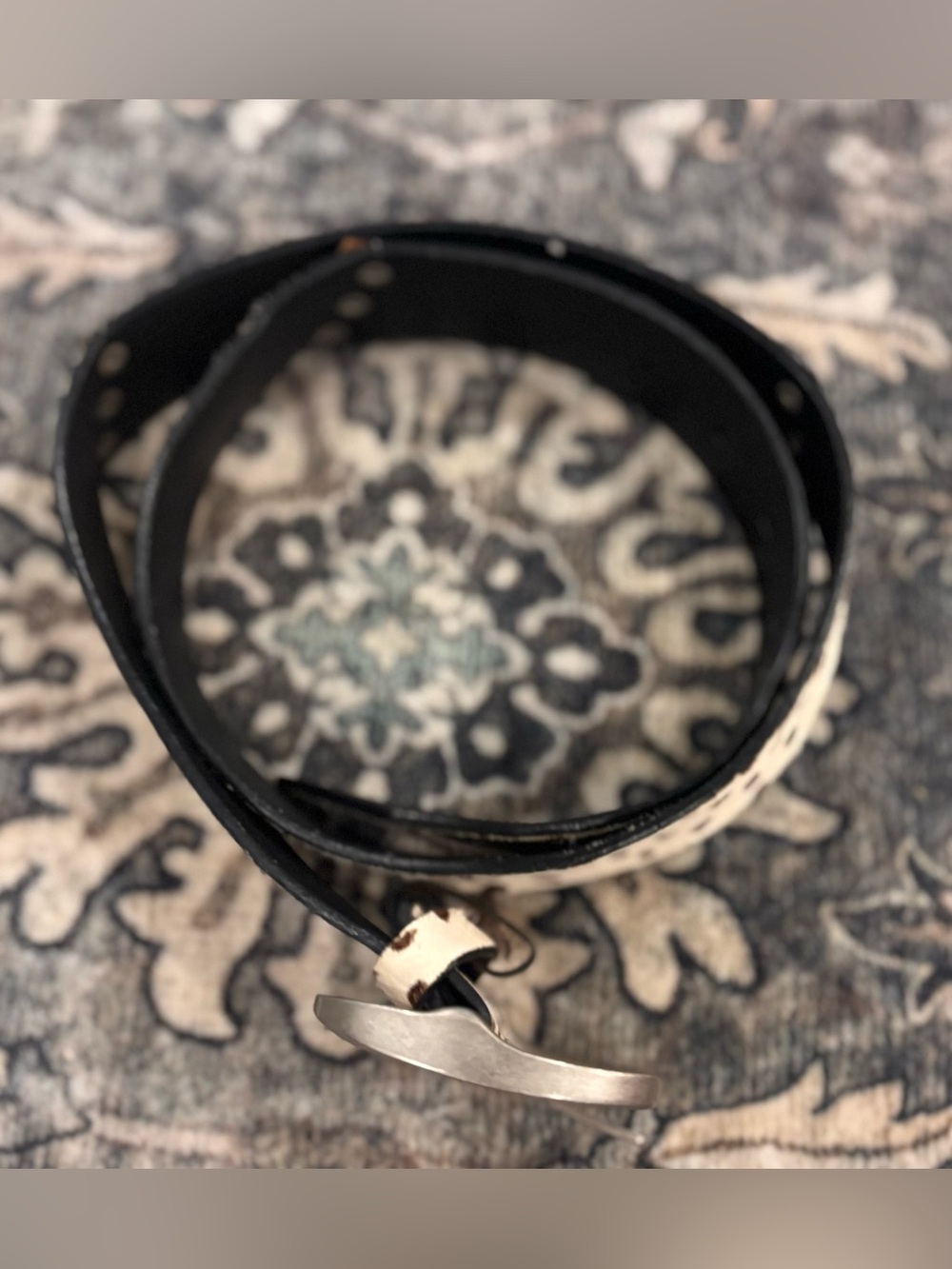 Cow Print Hair-On-Hide Leather Belt Western Boho Oval Buckle Medium - Picture 2 of 4
